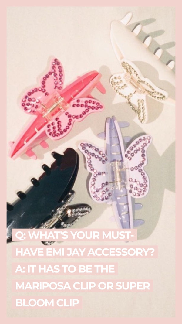 Q: What's your must-have Emi Jay accessory? A: The Sweetheart Clip in Strawberry Glow- I wear it almost every day and never leave the house without it!
