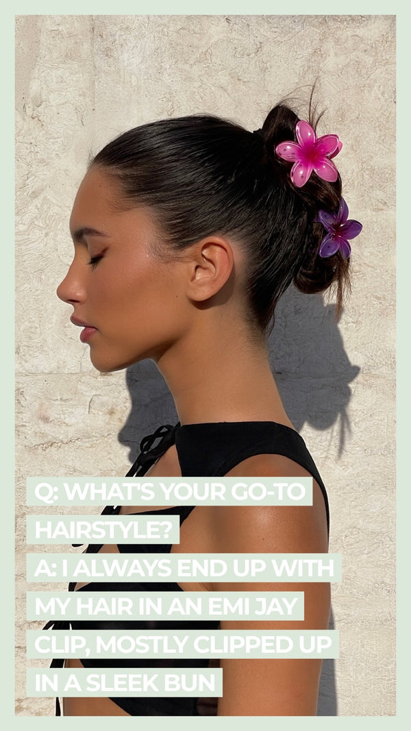 Q: What's your go-to hairstyle? A: I always end up with my hair in an Emi Jay clip, mostly clippd up in a sleek bun