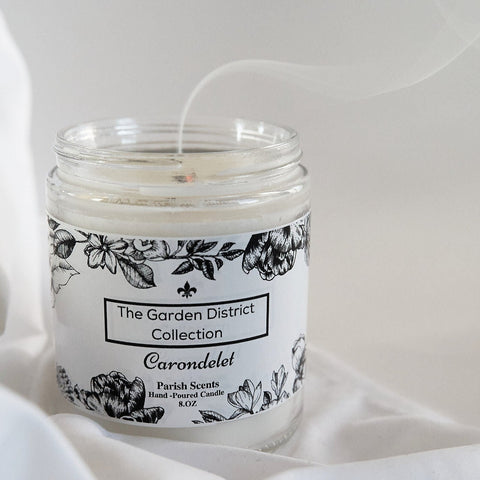 Carondelet A NOLA Garden District candle by Parish Scents with a black and white floral label