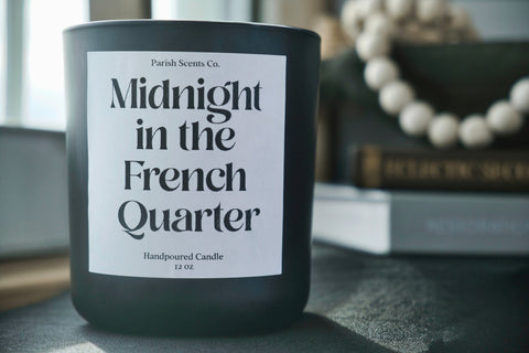 Midnight in The French Quarter Candle by Parish Scents in a solid black glass vessel with a wood wick