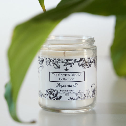Prytania Street New Orleans - a Candle by Parish Scents with floral black and white label in a jar candle vessel