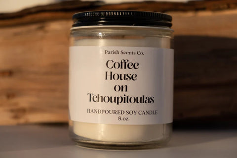 Coffee House New Orleans Candle by Parish Scents in a glass jar candle vessel with a white and black label