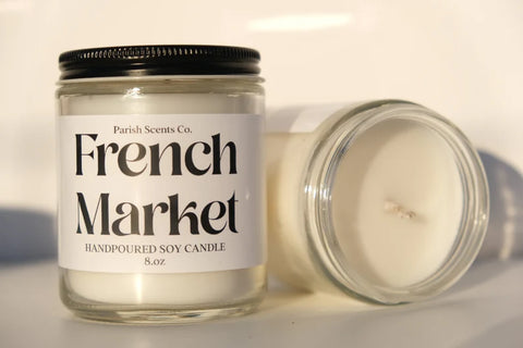 French Market New Orleans Candle in a jar candle vessel with black font