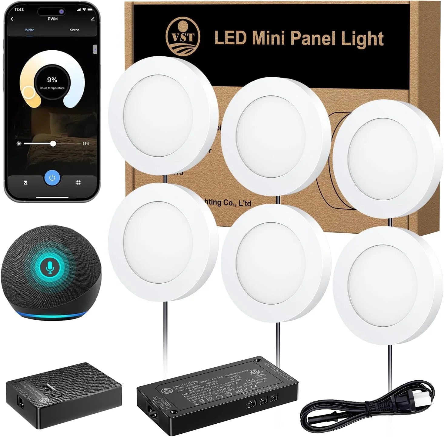 1 Under Cabinet Lighting Work with 1 Google Assistant App Remote Control, Recessed or Surface Mount 12V 2W/pc Puck Light for Kitchen Under Counter, Display Case, 6 Pack 3000K~6000K.