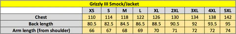 Grizzly III Smock size chart