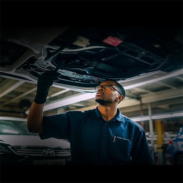 Auto repair mechanic inspecting the underside of the car