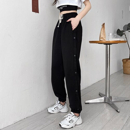 Women Wide Leg Sweatpants Casual Harem Pants High Waist Joggers gray Pants spring Cotton loose Solid Side buttons Sport Trousers