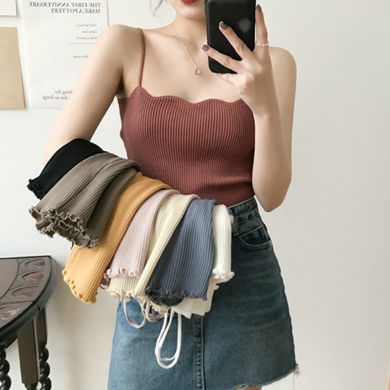 Camisoles Women Solid Simple Crop Tops Sexy Sweet Knitted Basic Elegant Leisure Womens Tanks Top New Korean Style Ins Chic Camis