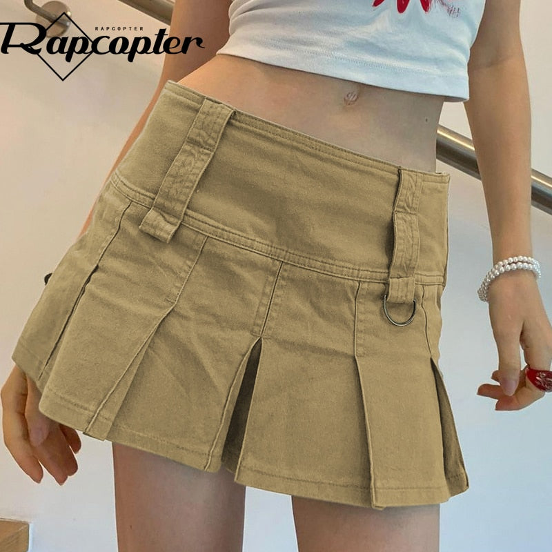 Rapcopter y2k Khaki Denim Skirts Vintage Low Waisted Pleated Jeans Skirts Women Prepply Cute Korean Short Skirts Summer Sporty