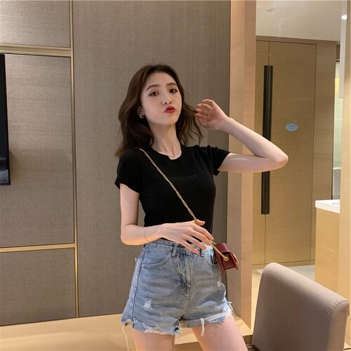 hot sale Women letter embroidery T-shirts casual slim t shirt Summer Korean Simple short sleeve Basic tee shirt pink Tops female