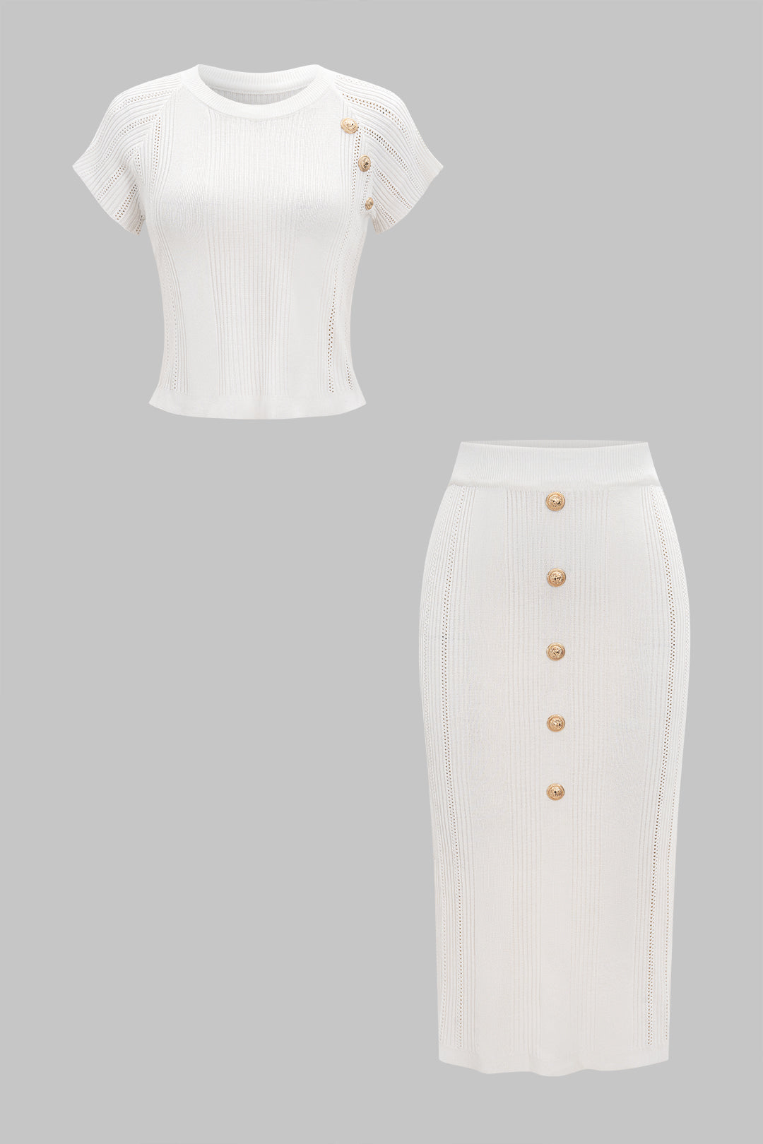 Knitted Metallic Button Top And Skirt Set - OPTICAL WHITE / M