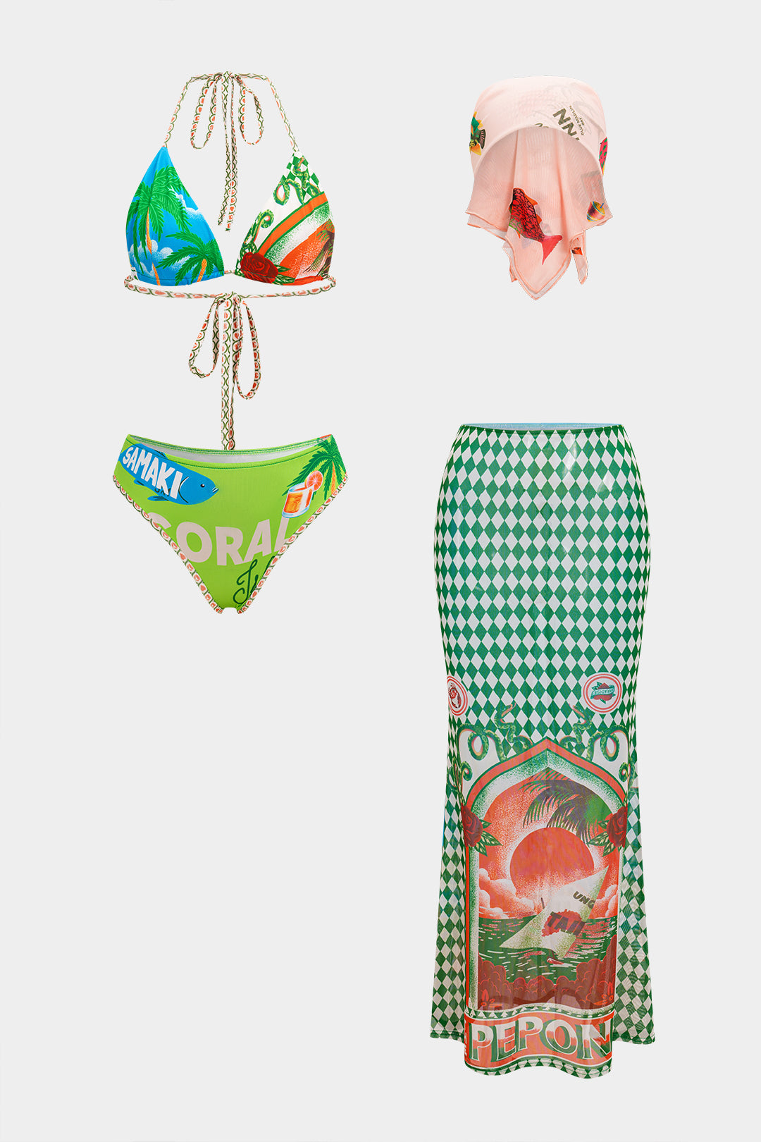 Beach Floral Print Bikini Set - GREEN / XL
