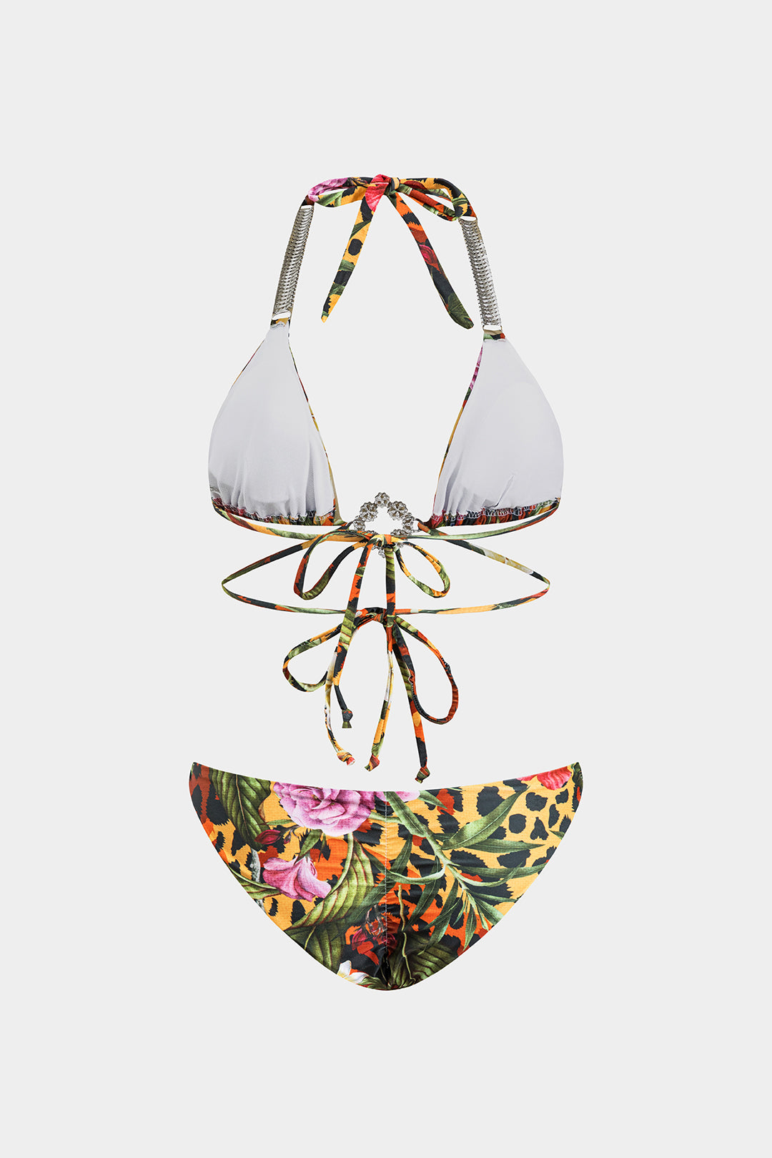 Tropical Print Rhinestone Strappy Bikini Set