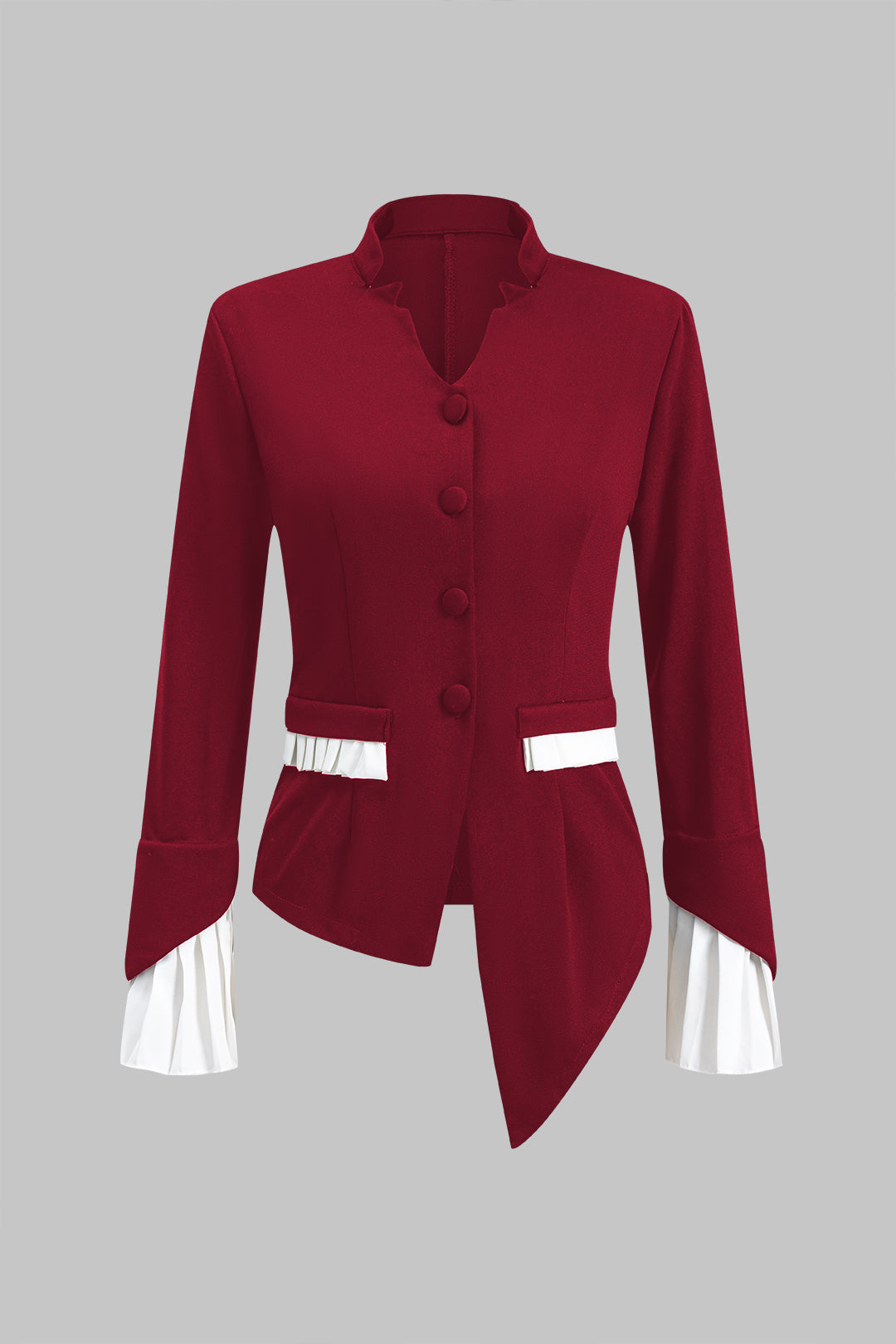 Contrast Pleated Button Pocket Long Sleeve Top And Wide Leg Trousers Set