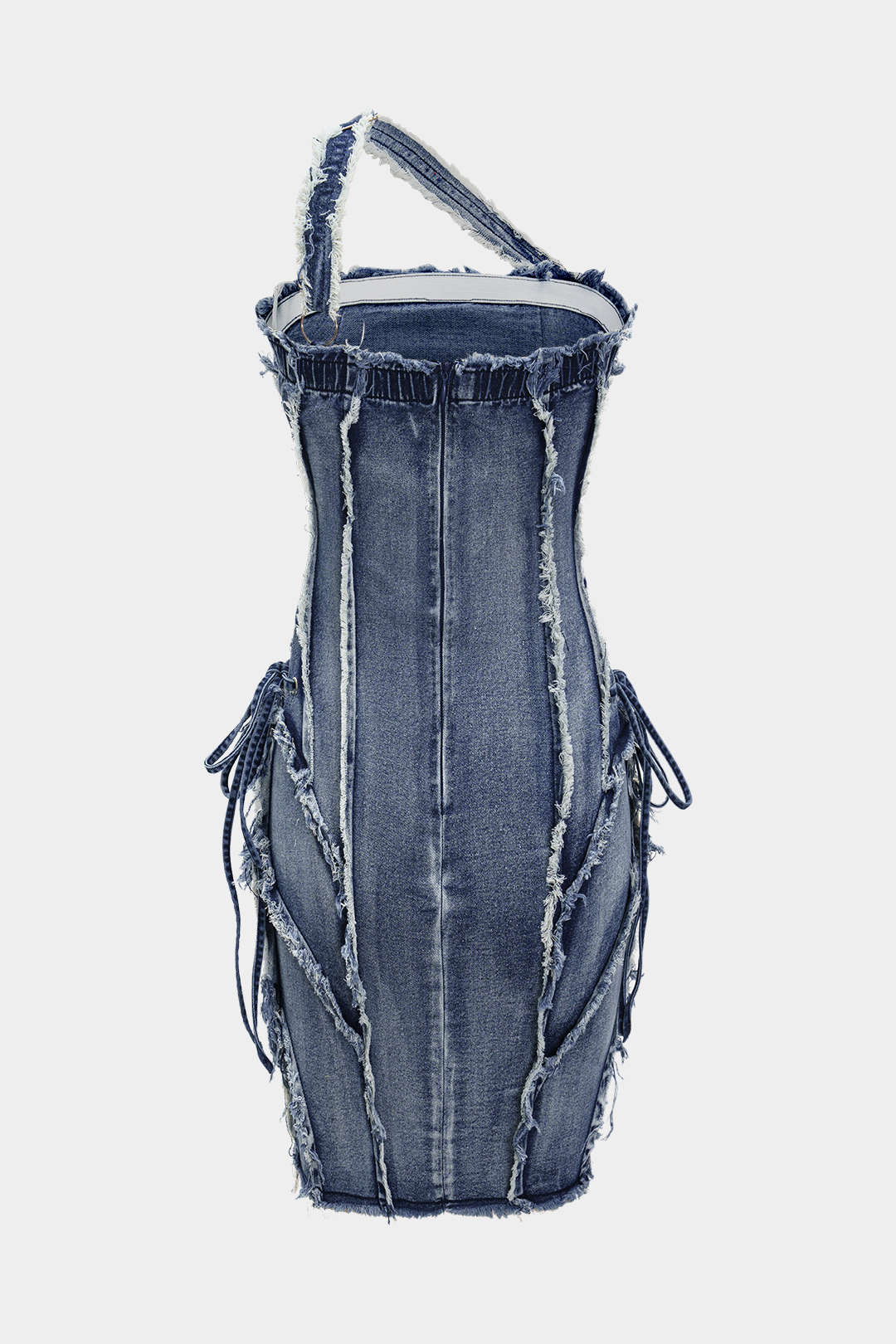 Asymmetric Frayed Denim Mini Dress