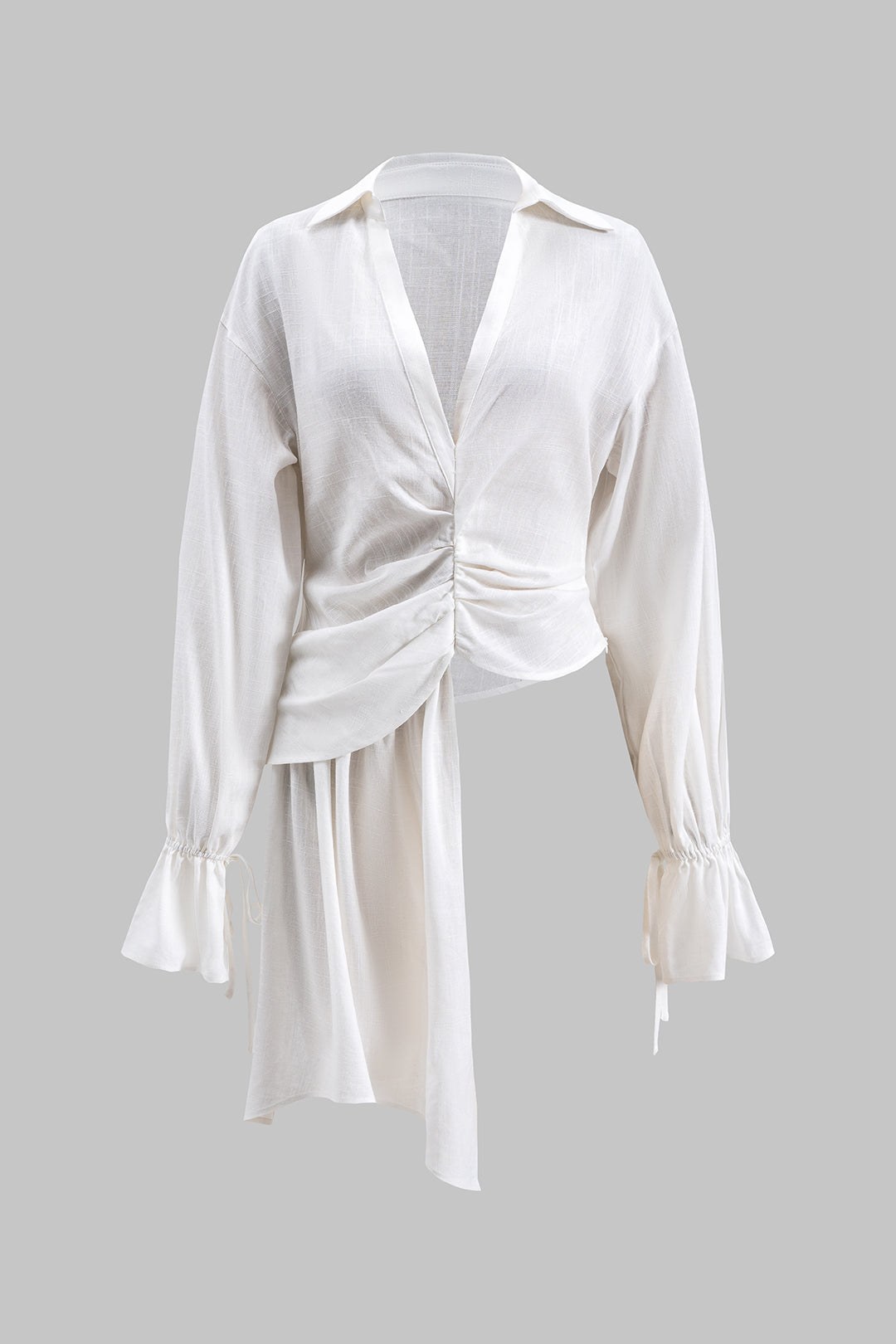 Linen Asymmetrical Ruched Long-Sleeve Shirt