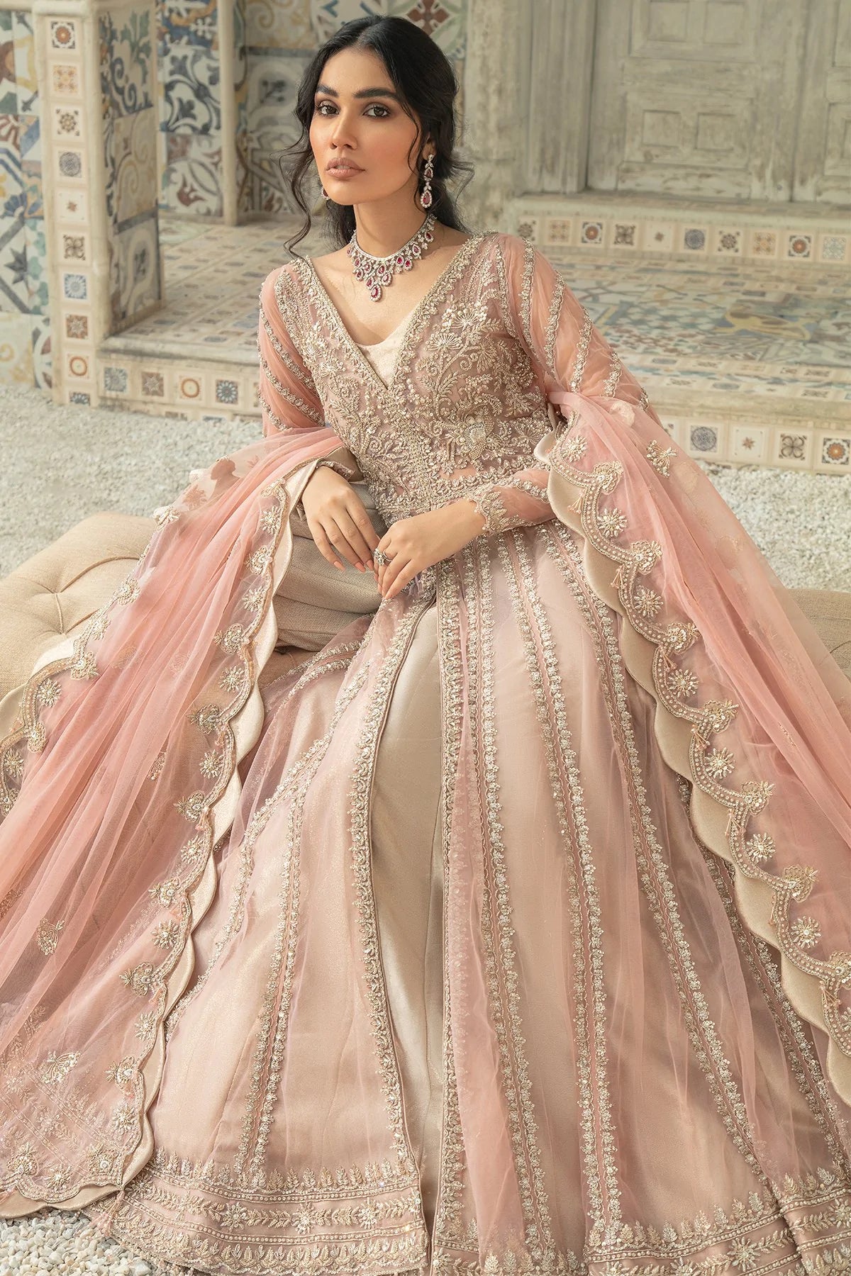 Pink Pakistani Bridal Pishwas With Lehenga Dress Aminas Collection 8496