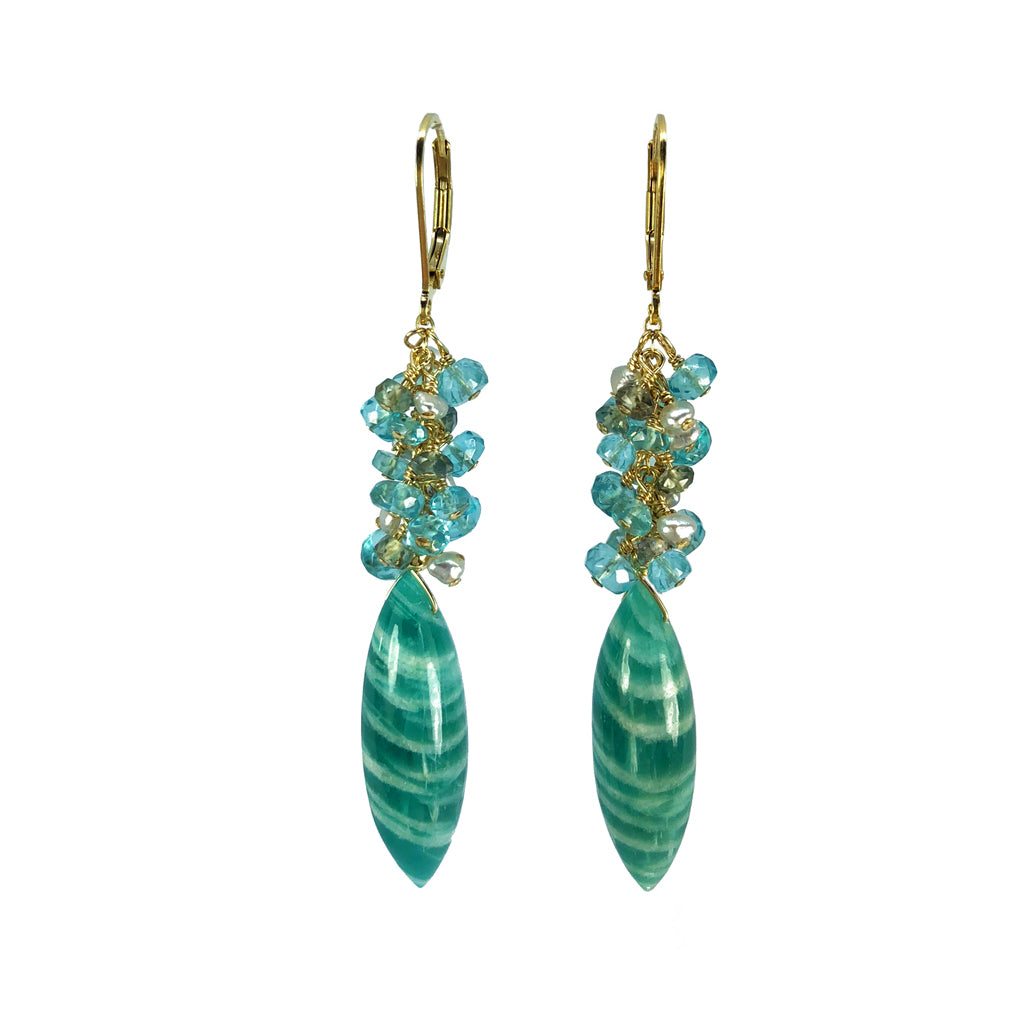 Amazonite, Apatite, Sapphire and Akoya Keshi Pearl Earrings