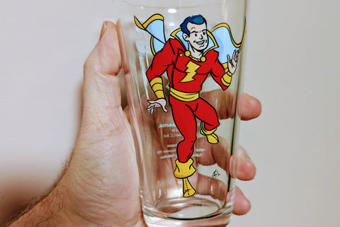 illustration of Fawcet comics Captain Marvel on a Pint Glass