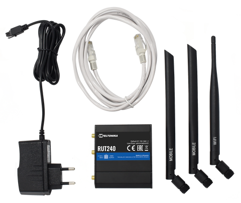 image showing the RUT240, 3 antennas, power cord and ethernet cable