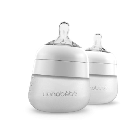 Nanobébé Flexy Silicone Baby Bottle, Anti-Colic, Natural Feel, Non-Collapsing Nipple, Non-Tip Stable Base, Easy to Clean 2-Pack, White, 5 oz 5 Ounce 2-Pack