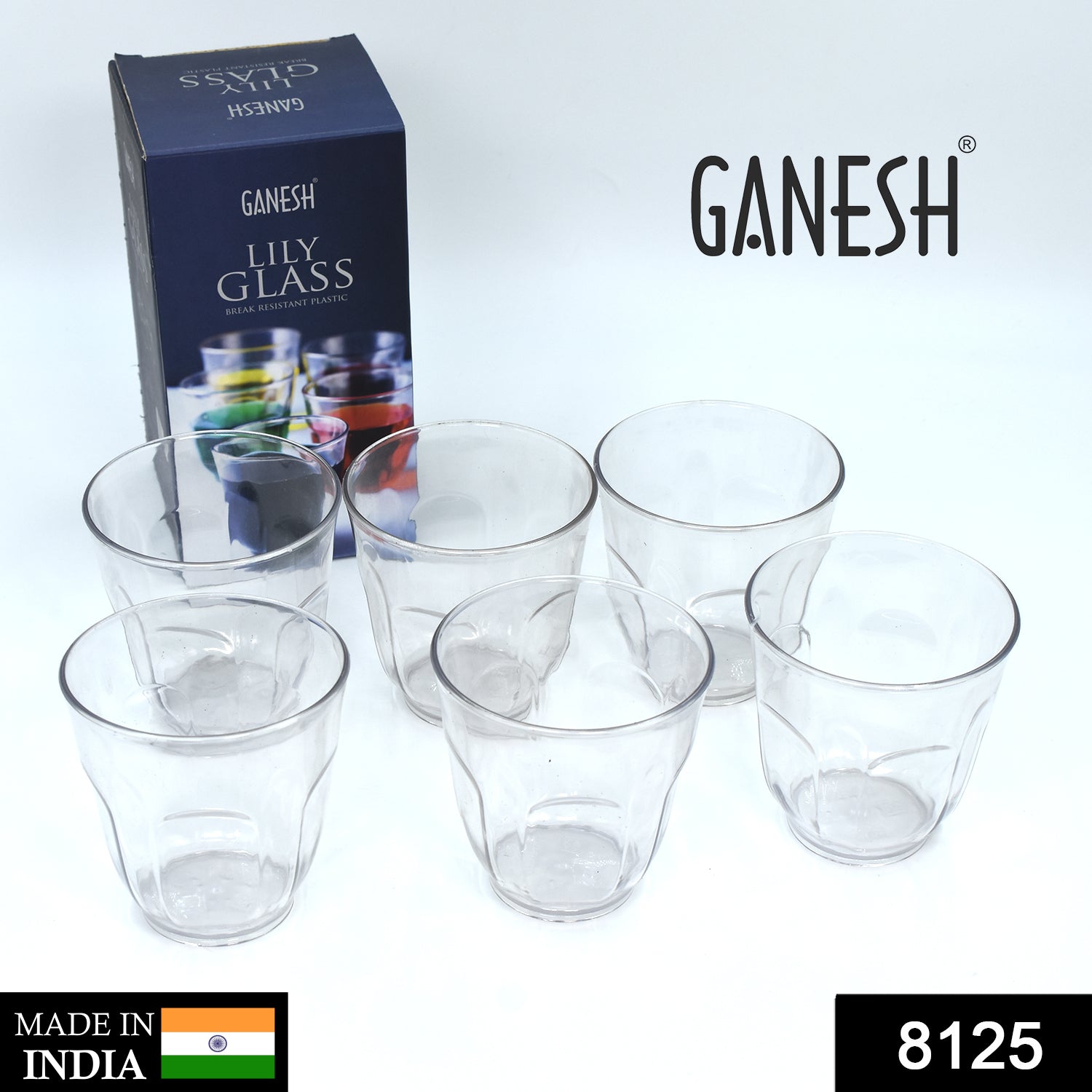 Ganesh Lily glass Break Resistant plastic set of 6Pcs (300 Ml)