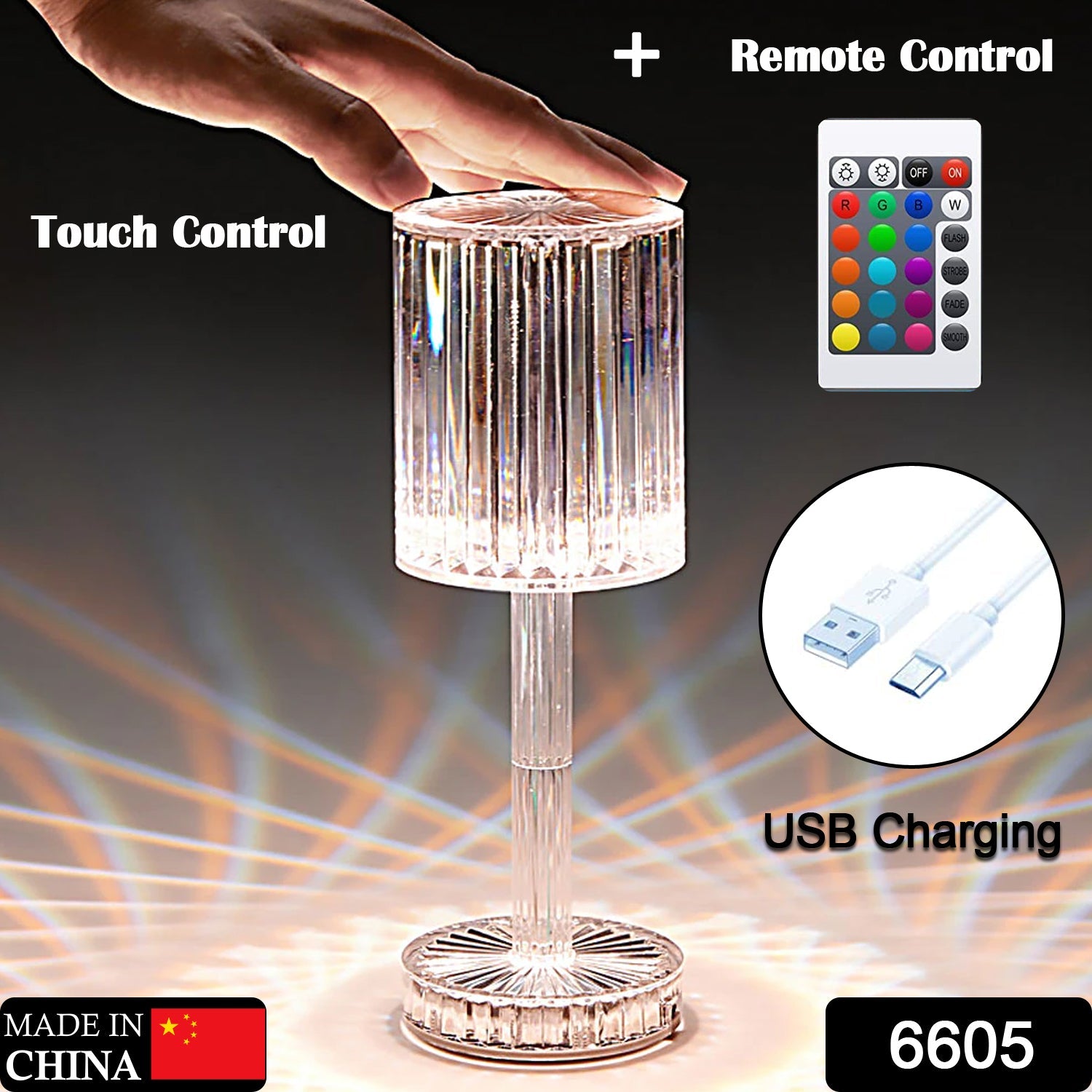 6605 Crystal Table Lamp , Touch Control Atmosphere Nightstand Lamp With USB Charging Line