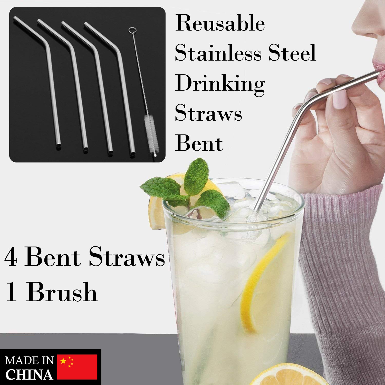 Reusable Stainless Steel Drinking Straws Bent (4 Bent Straws, 1 Brush)