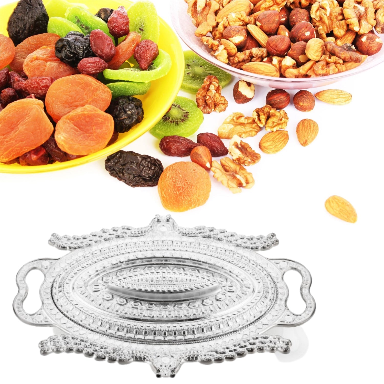 Plastic Peacock Dry Fruit Silver Finish Serving Tray