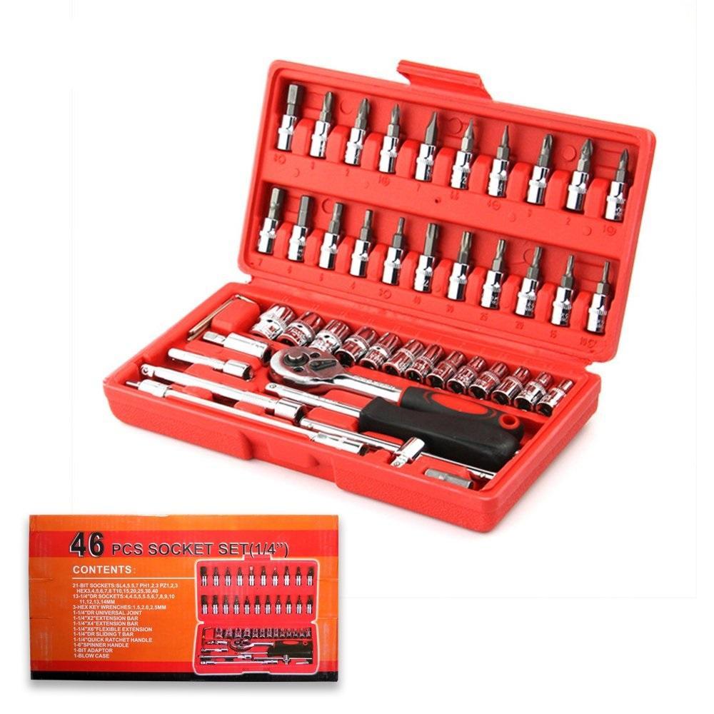 Socket 1/4 Inch Combination Repair Tool Kit (Red, 46 pcs)