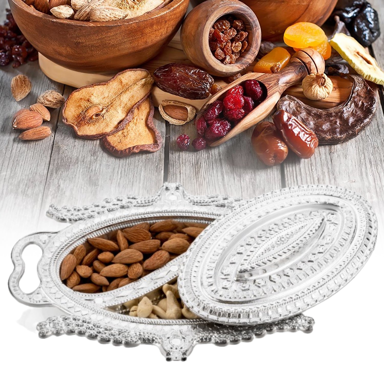 Plastic Peacock Dry Fruit Silver Finish Serving Tray