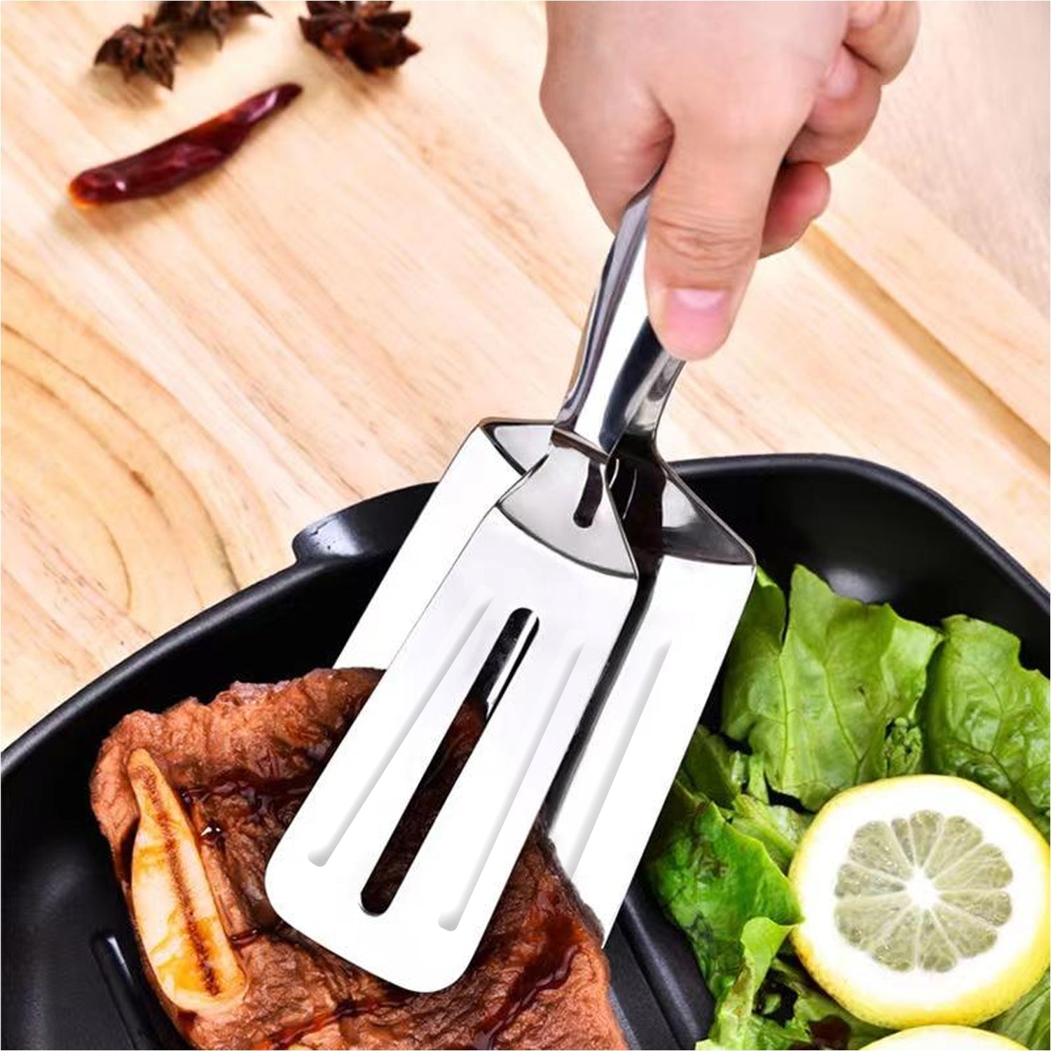 2919 MULTIFUNCTION COOKING SERVING TURNER FRYING FOOD TONG. STAINLESS STEEL STEAK CLIP CLAMP BBQ KITCHEN TONG.