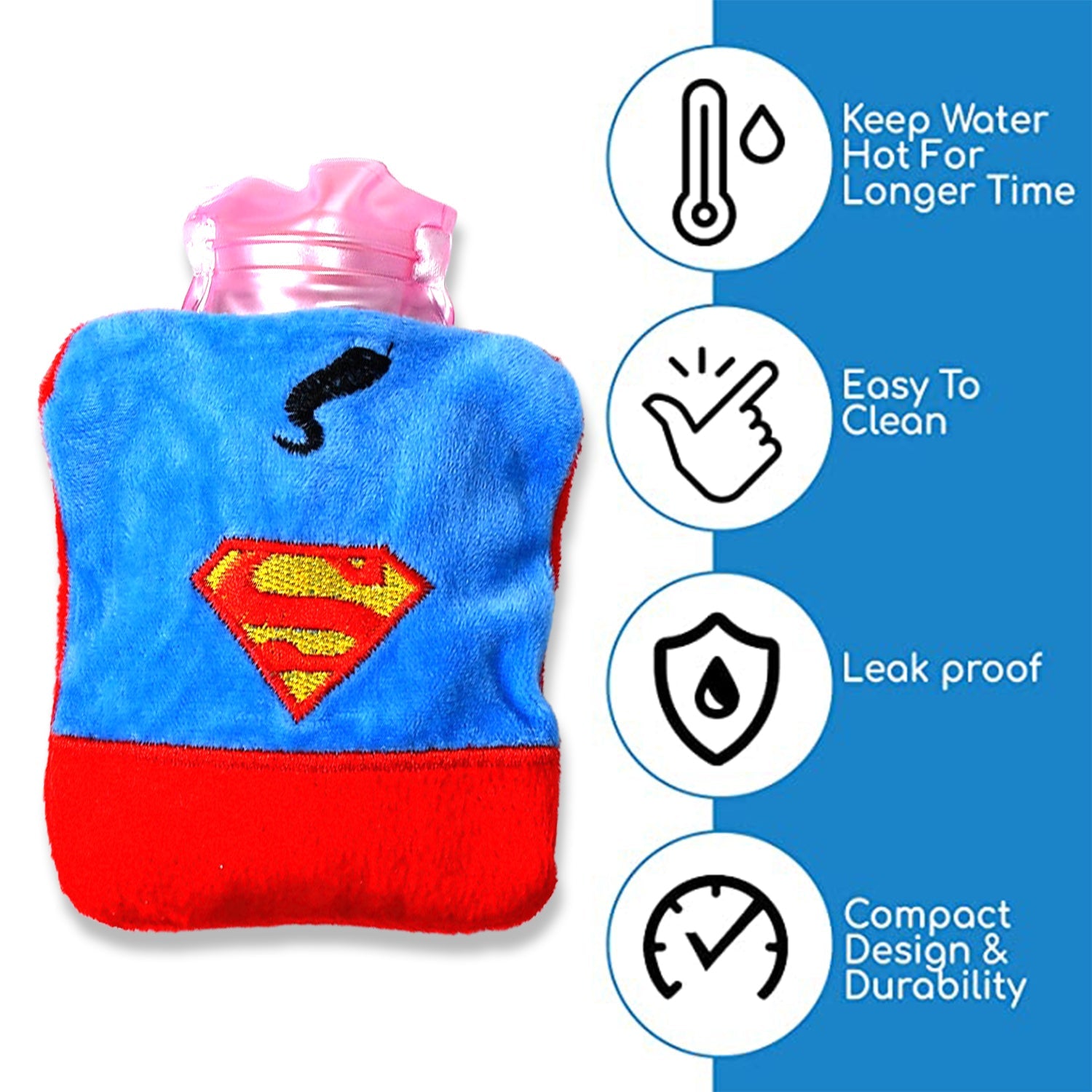 6530 Superman Print small Hot Water Bag with Cover for Pain Relief, Neck, Shoulder Pain and Hand, Feet Warmer, Menstrual Cramps.