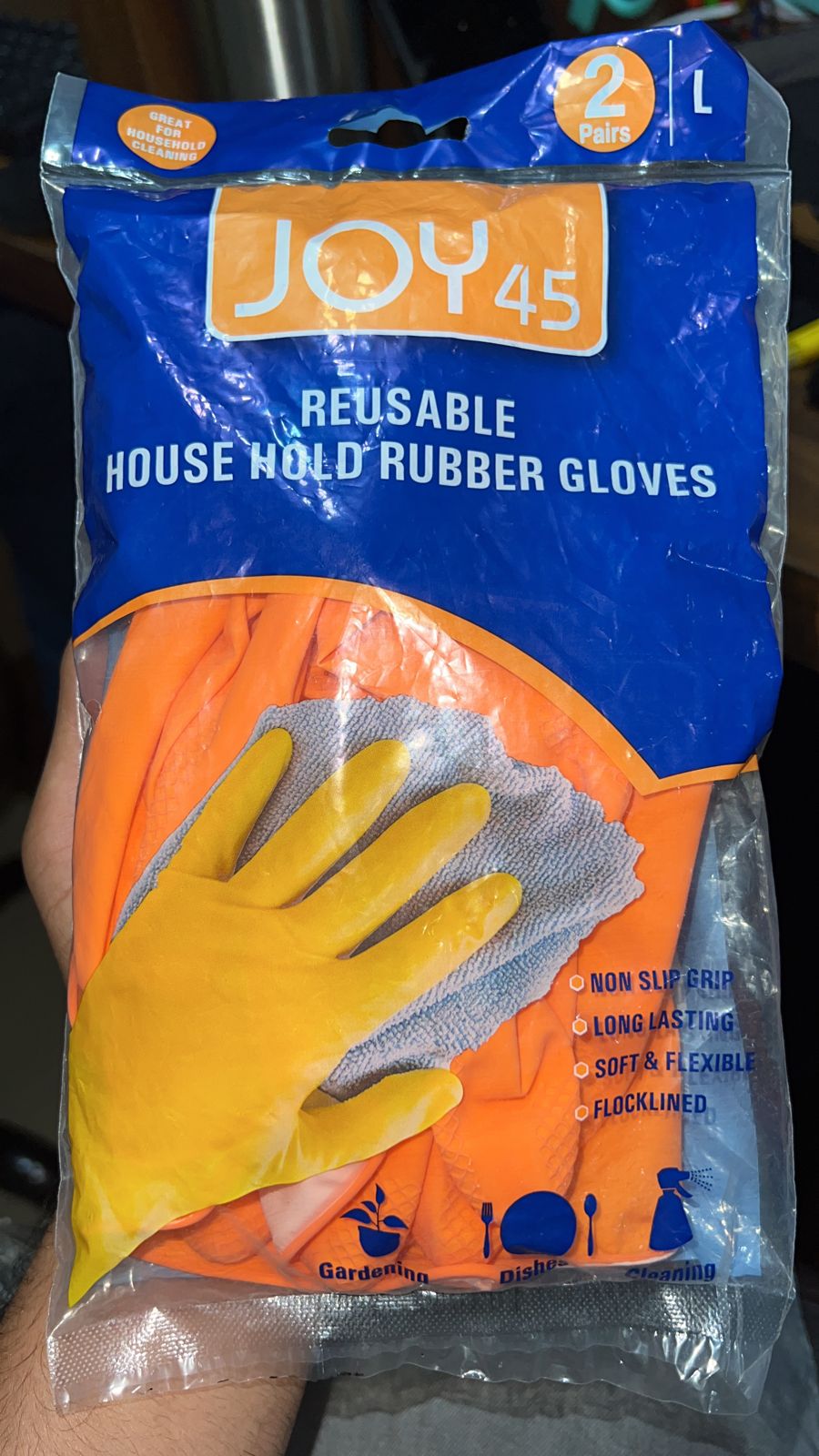 2 Pair Large Orange Gloves For Types Of Purposes Like Washing Utensils, Gardening And Cleaning Toilet Etc.