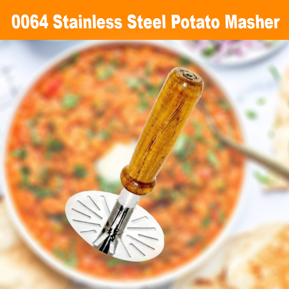 0064 Stainless Steel Potato Masher, Pav Bhaji Masher with wooden handle