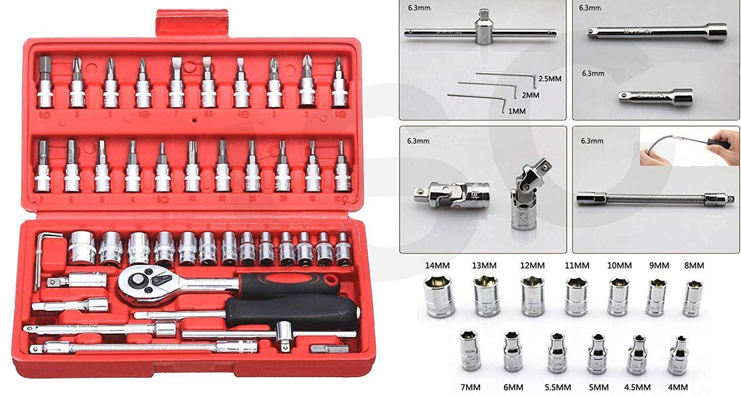 Socket 1/4 Inch Combination Repair Tool Kit (Red, 46 pcs)