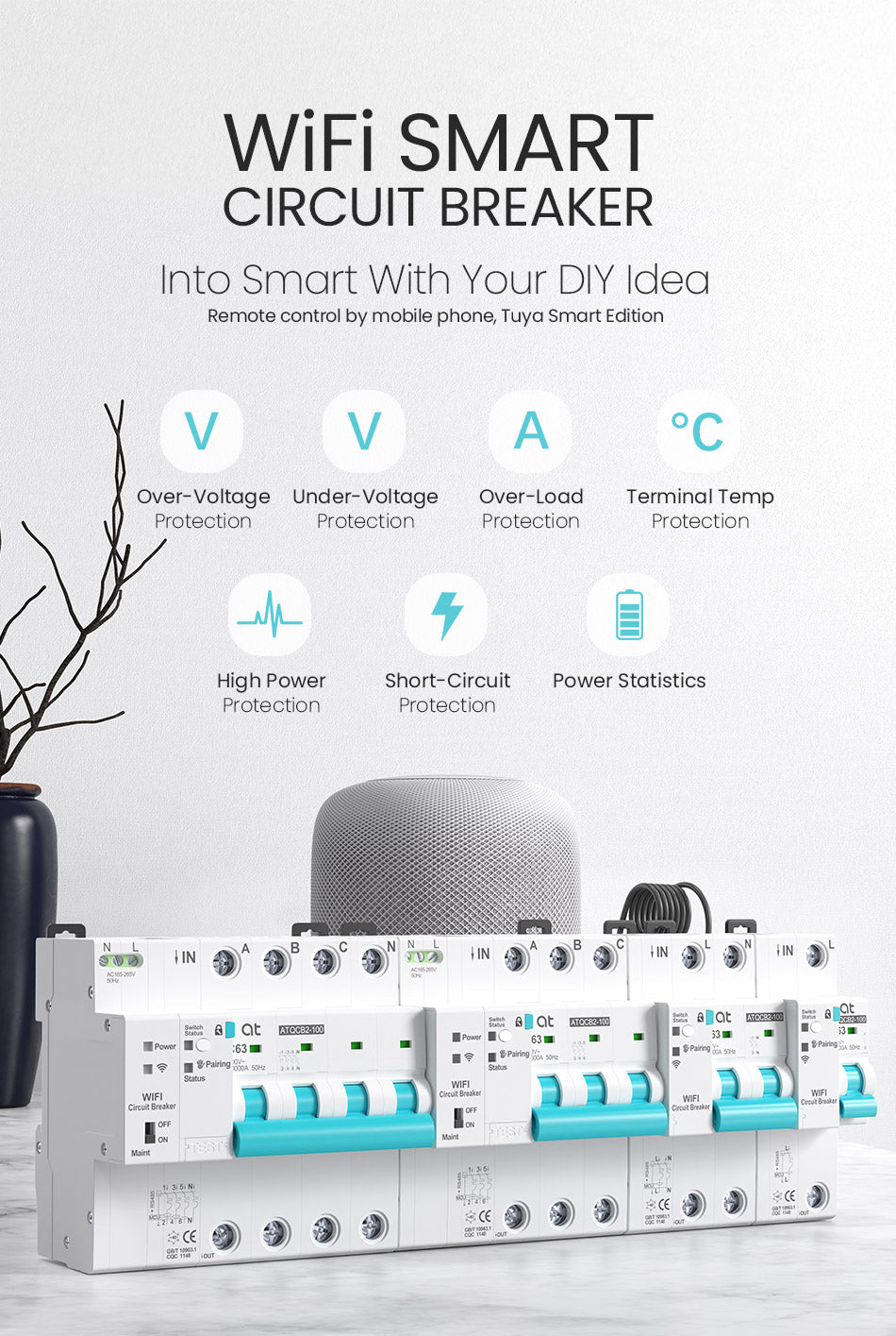 ATQCB2 Tuya Smart Life MCB WIFI Smart Switch Metering Circuit Breaker