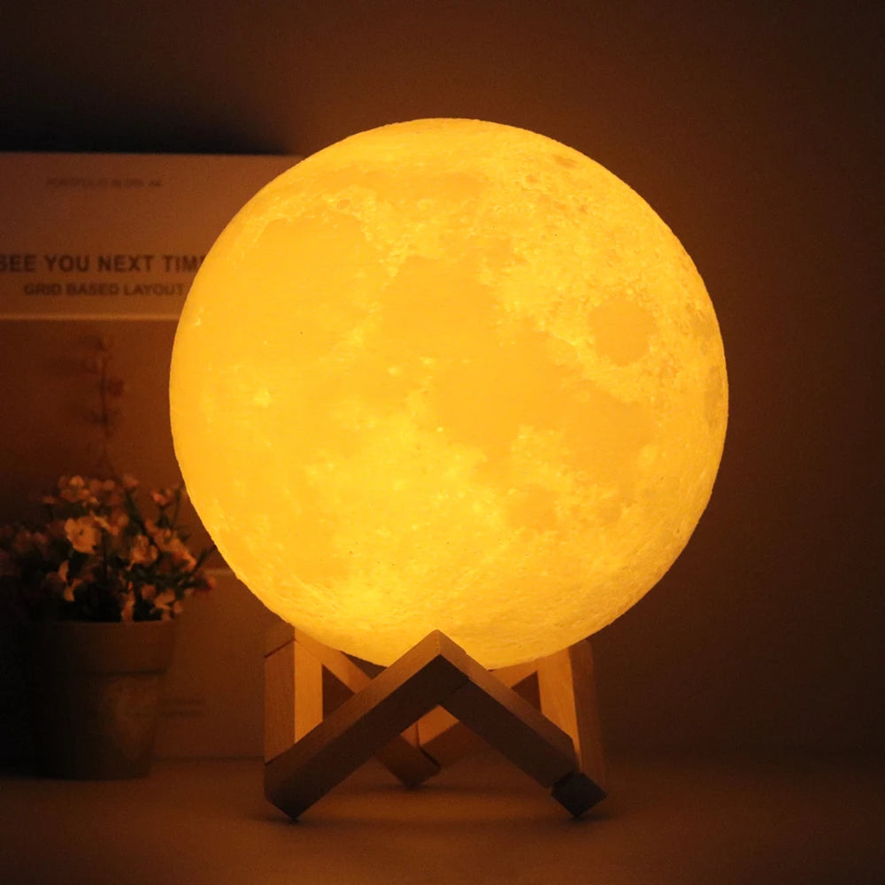 Skhek Christmas Gift 3D Moon Lamp Printed Night Light Remote Control/Touch LED Lunar Moonlight Globe Ball with Wood Stand Base for Kids Bedroom