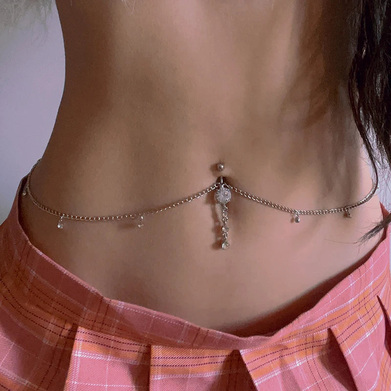Skhek Women Sexy Rhinestone Dangle Belly Button Chain Navel Piercing Ring Body Jewelry Waist Chain Button Summer Beach Jewelry