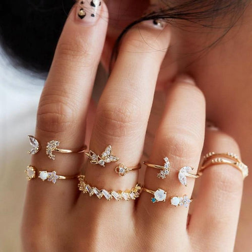 IPARAM Bohemian Vintage Crystal Geometric Joint Ring Set for Women Star  Moon Personality Design Ring Set Party Jewelry Gift