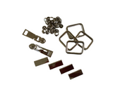 image of bag making hardware kit, showing zipper pulls, rivets and rectangle rings.