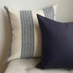 100% linen pillow in Graphite Blue and wool grey and dark grey stripe pillow