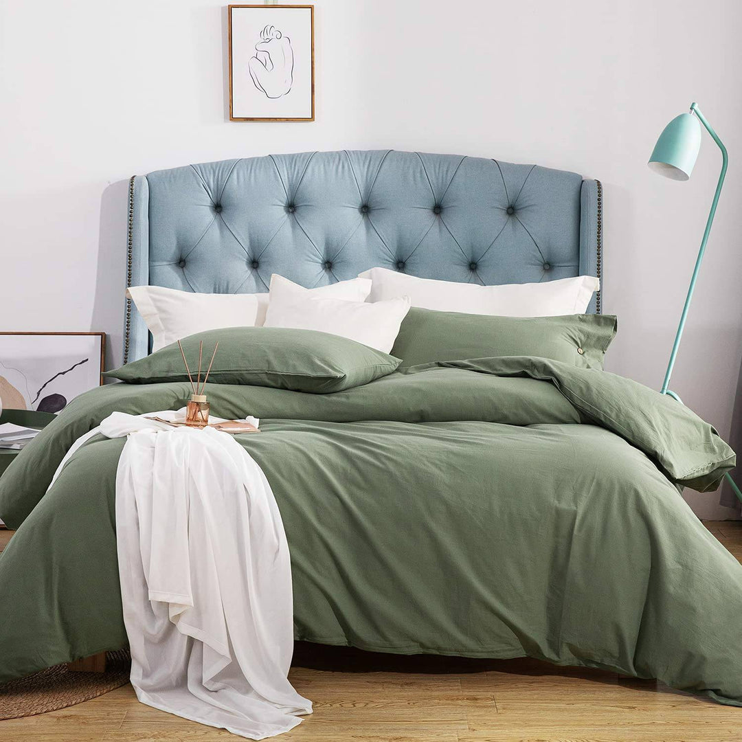 Washed Cotton 3-Piece Reversible Duvet Cover Set - Mineral Green & White -  Mildlyhome