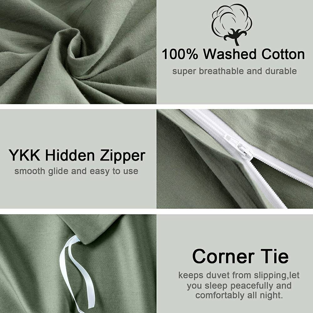 Washed Cotton 3-Piece Duvet Cover Set - Sage Green - Mildlyhome