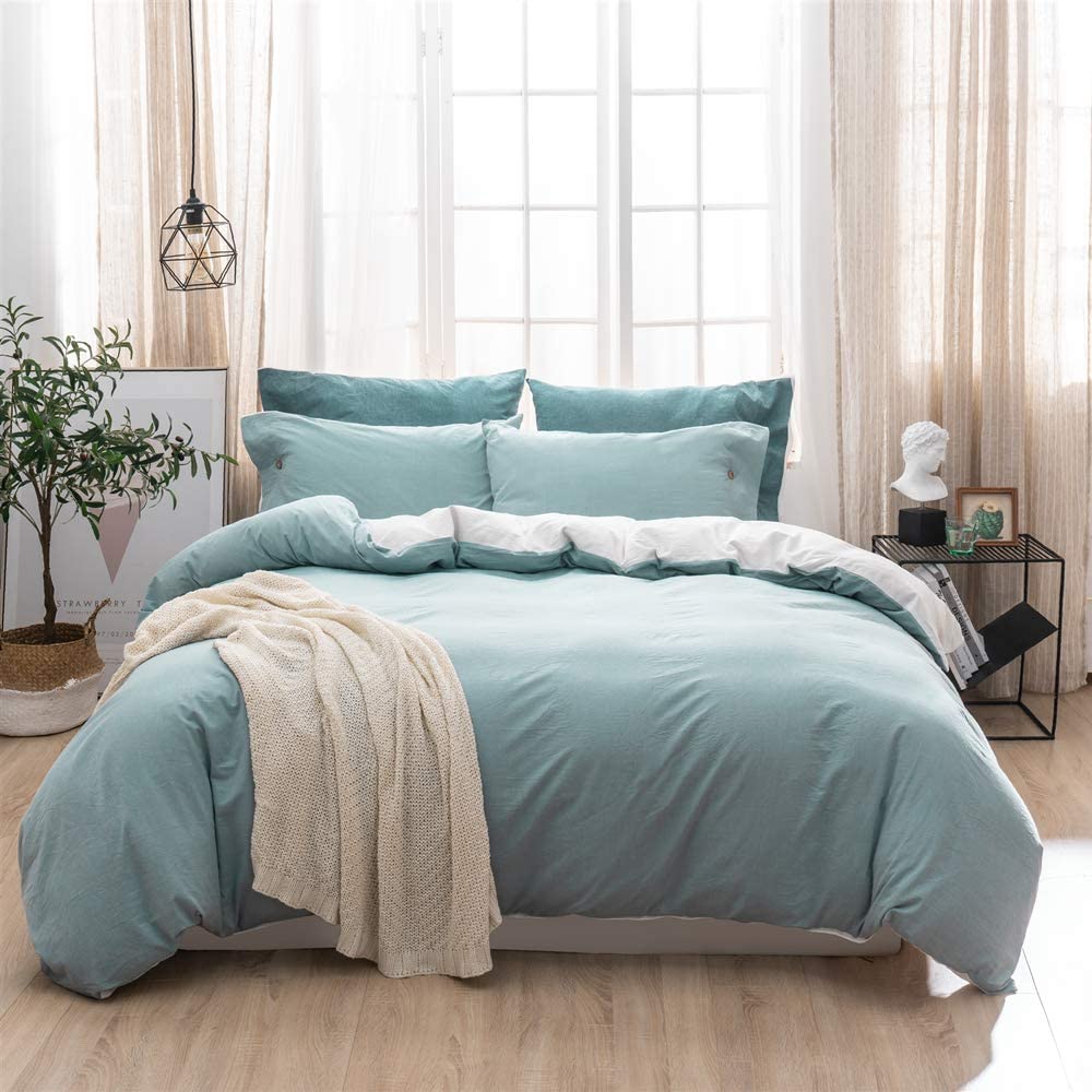 Washed Cotton 3-Piece Reversible Duvet Cover Set - Mineral Green