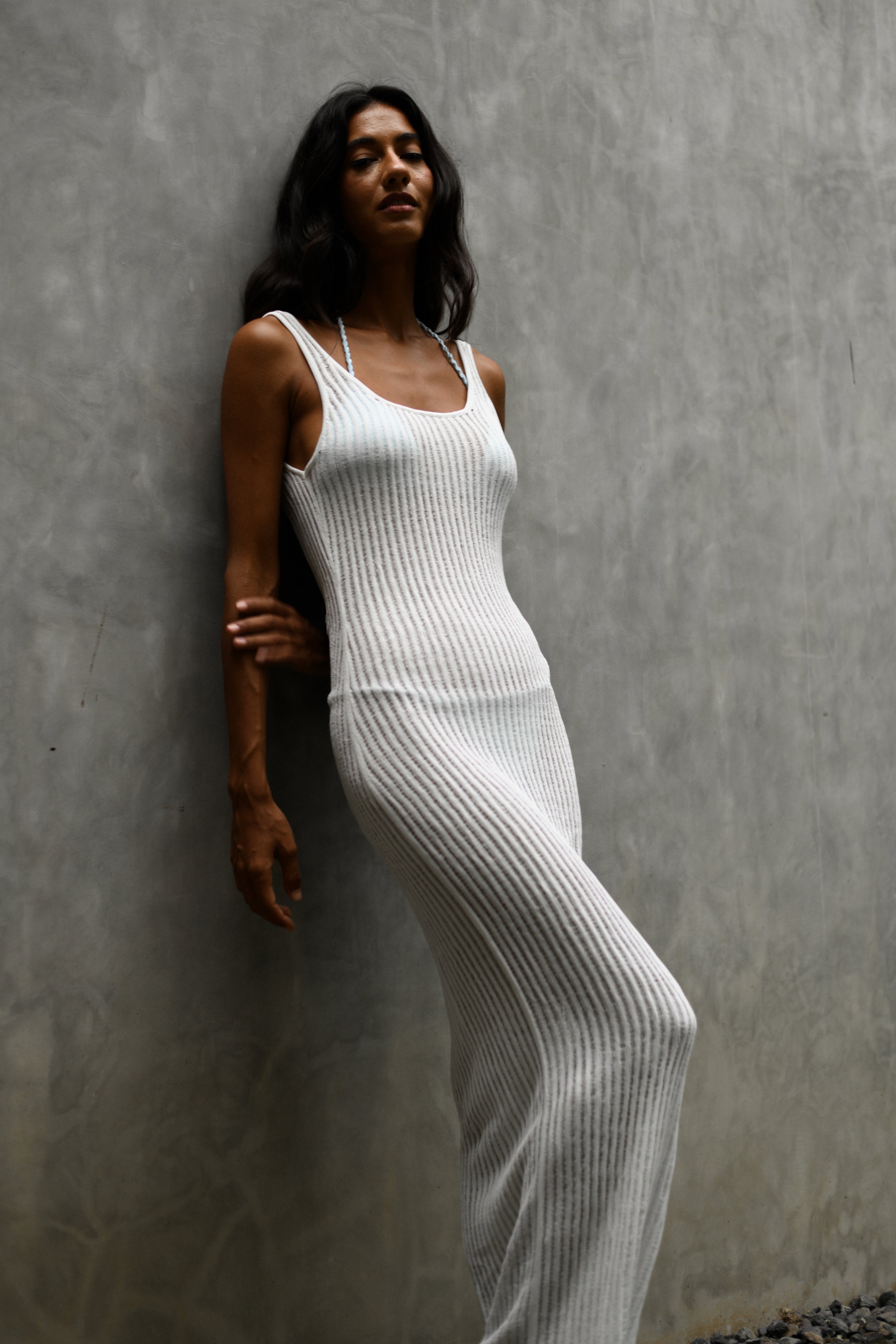 Abbey Ladder Knit Cowl Maxi Dress - White