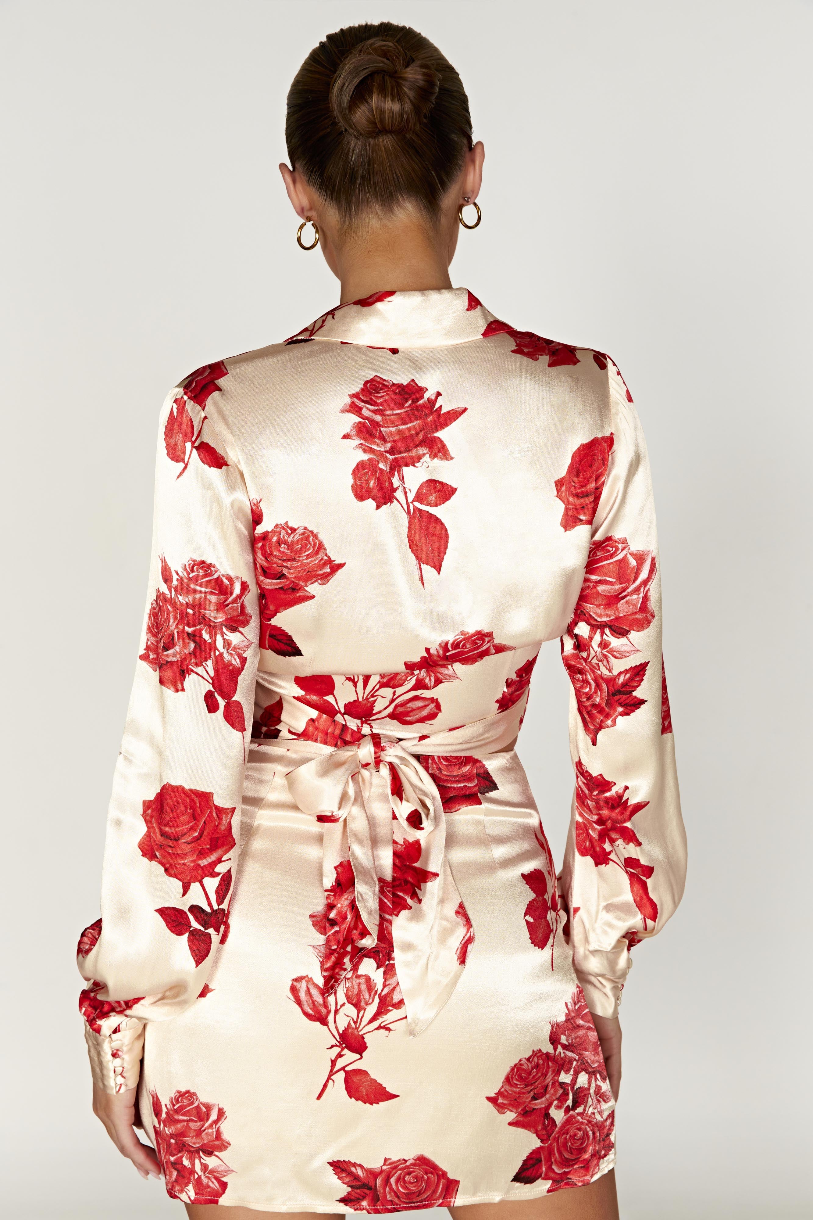 Amia Satin Wrap Shirt – Rose Print