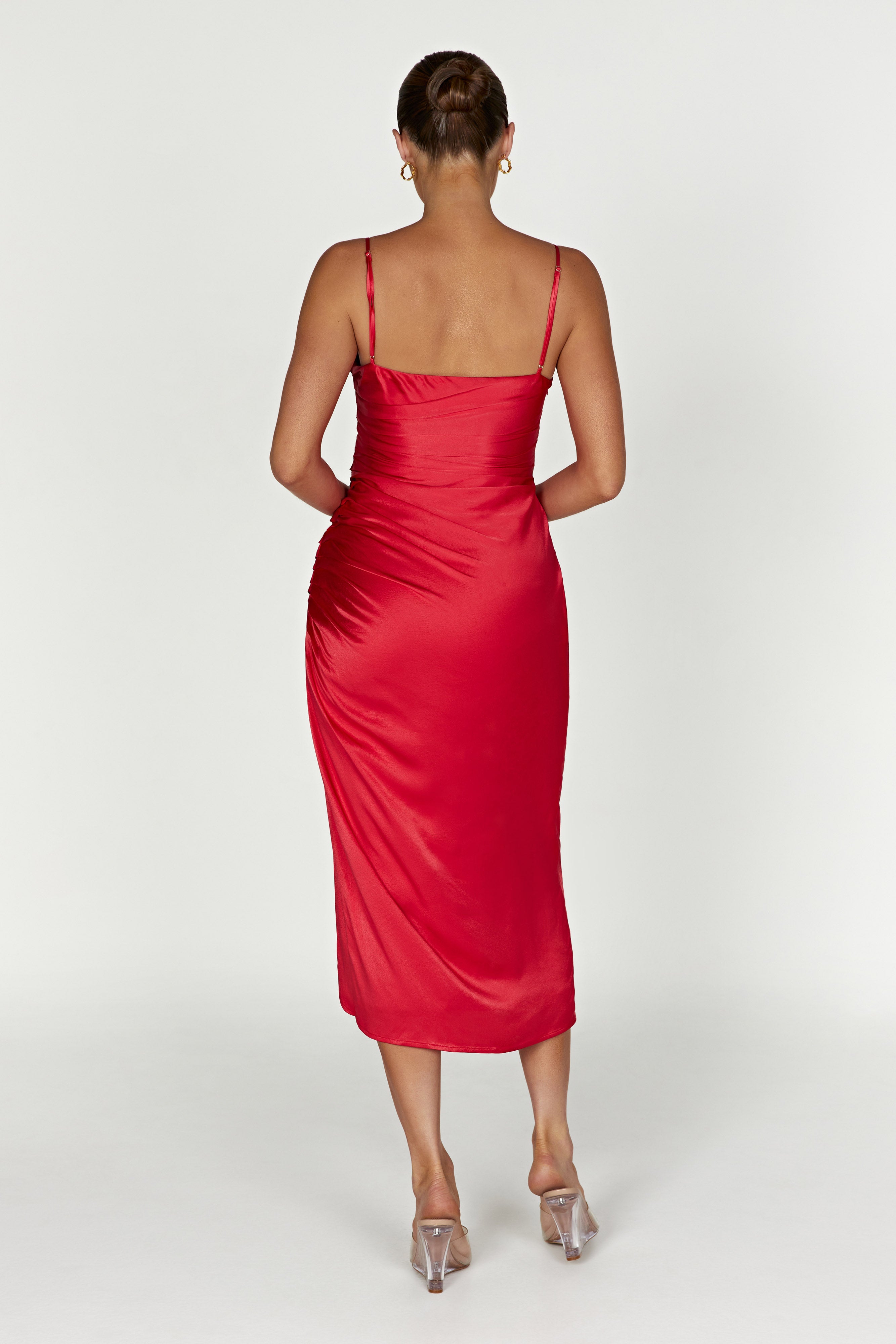 Claudette Satin Drape Midi Dress – Red