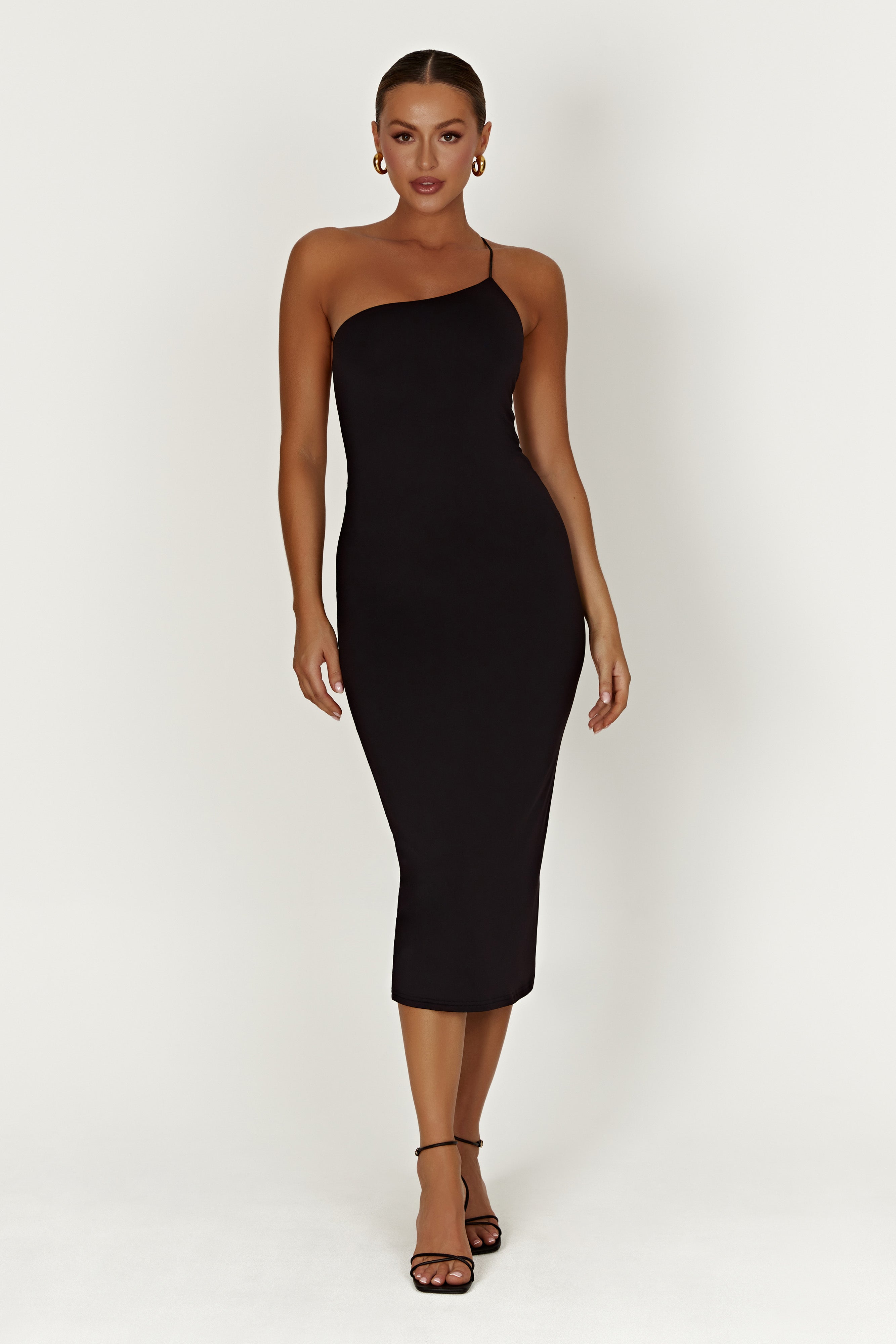 Rosalind Recycled Nylon One Shoulder Midi Dress – Black