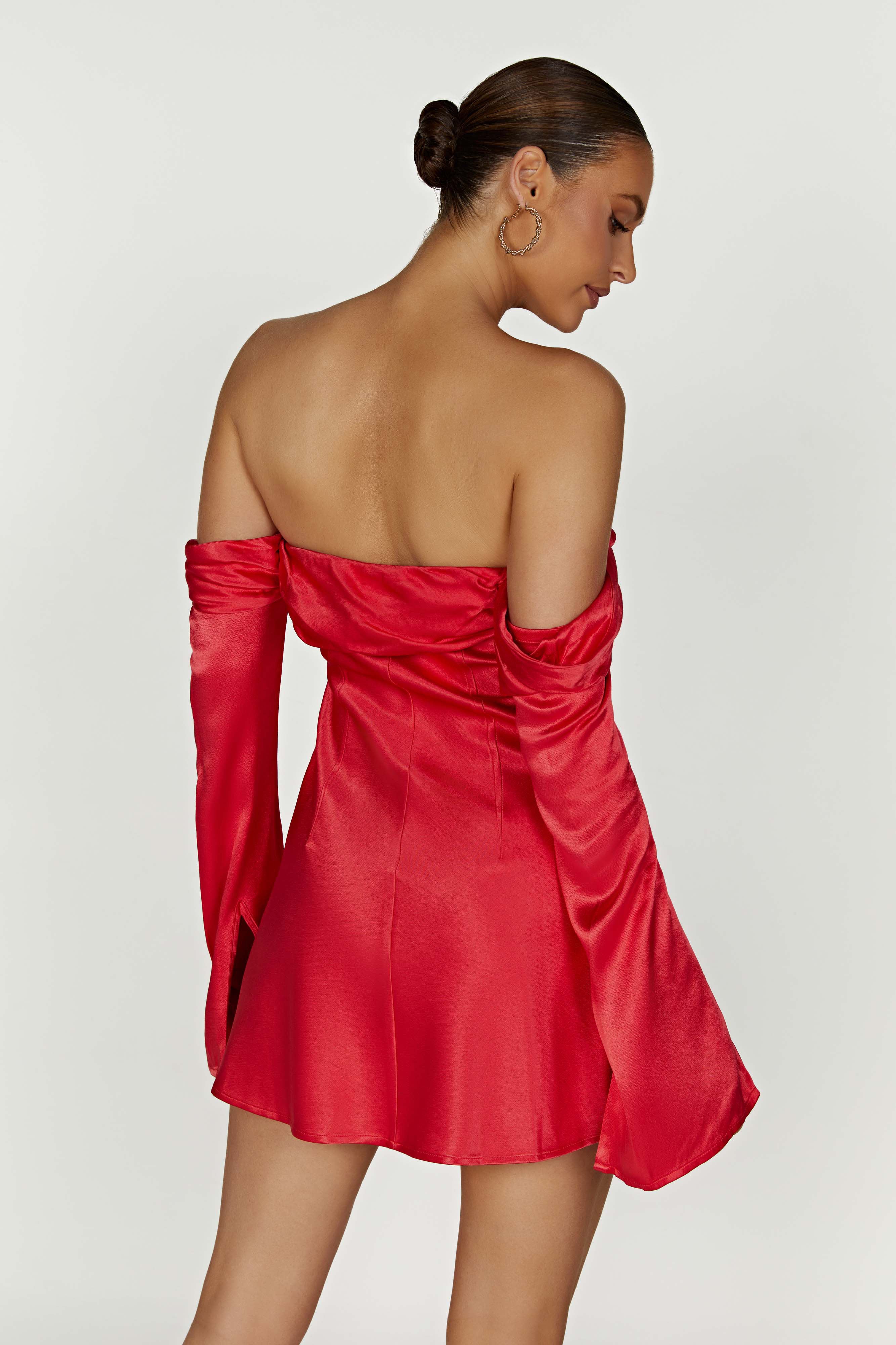 Giselle Off Shoulder Satin Mini Dress – Red